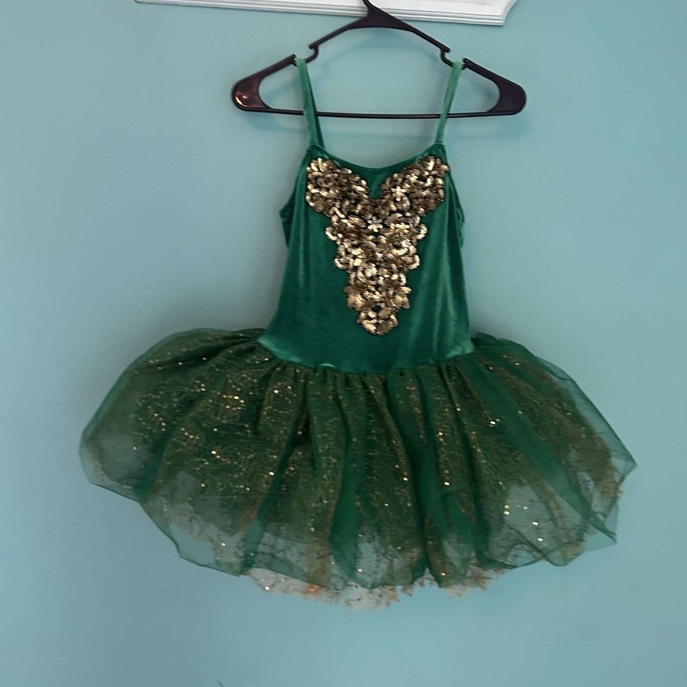 Green and Gold Kids Dance Costume with corset back